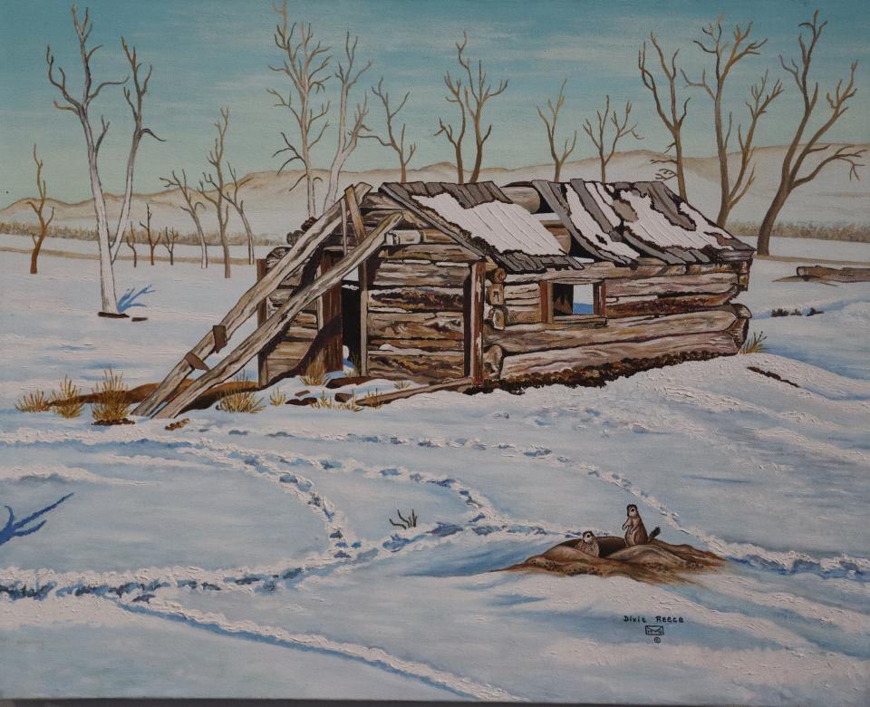 Pioneer Nels Martin’s Cabin at Croton, Wyoming, Oil on Canvas, 1970, Campbell County Rockpile Museum