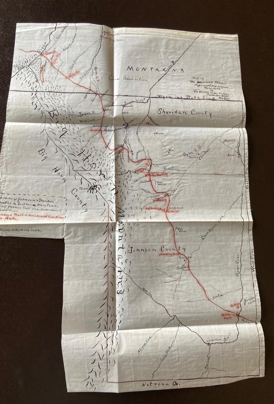 Vie drew this map of the Bozeman Trail for her 1910 University of Wyoming master’s thesis. She clearly locates forts, creeks, towns, a few ranches, the Burlington Railroad and other sites of interest,. The route runs  from Fort Reno near the Powder River crossing north to the site of Fort C.F. Smith on the Bighorn River in Montana Author photo.