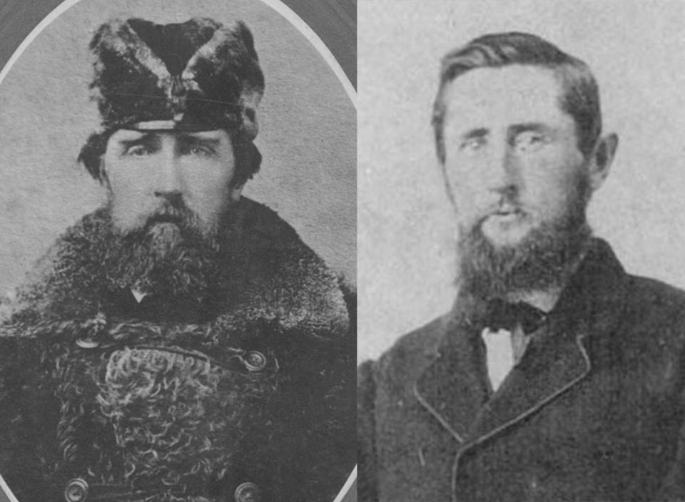 James Sawyer, left, led a civilian road-building expedition with a military escort from northwestern Iowa to the Montana goldfields in 1865. In its middle stretches, the journey became a long, running fight with Cheyenne and Arapaho warriors. James's brother, Newell Sawyer, right, acted as wagon master. Sioux City Public Museum.