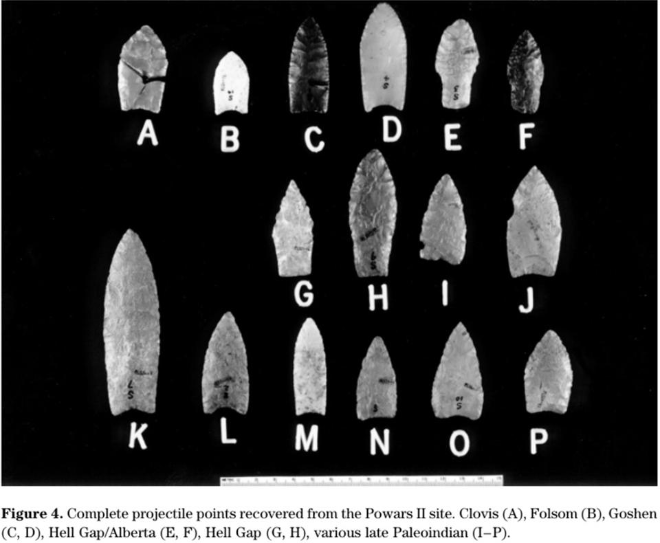 Powars II projectile points, above, and below, a timeline of the different cultural complexes they came from. Ages are approximate. Mike Stafford et.al: George Frison. 
