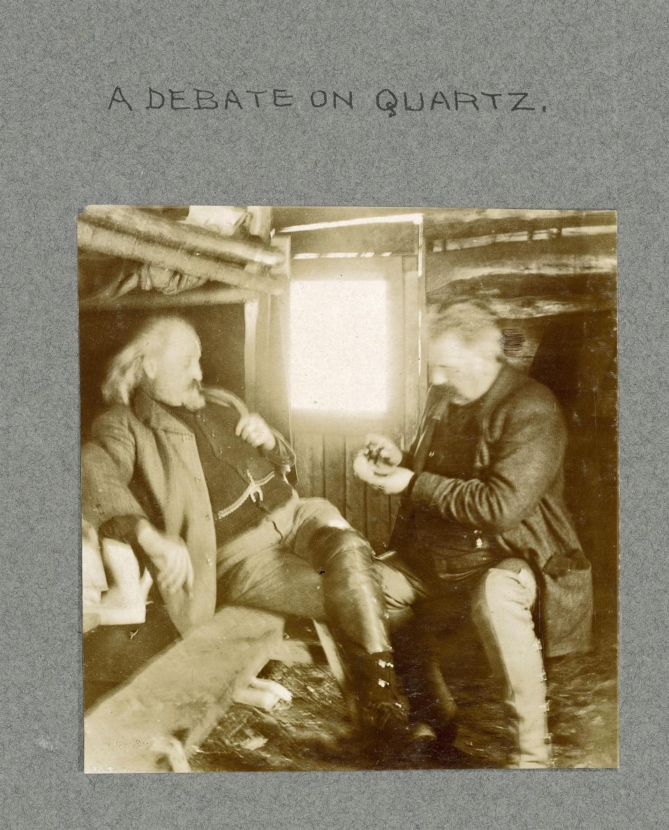 William F. Cody (left) and Dr. David Frank “White Beaver” Powell (right) in a cabin at the Needle Creek camp on the South Fork of the Shoshone, ca. 1900. Though it never produced a profit, the place often doubled as a hunting lodge, “and we probably got enough fun out of it,” investor George Beck later confessed, "to balance the ledger.” Buffalo Bill Center of the West.