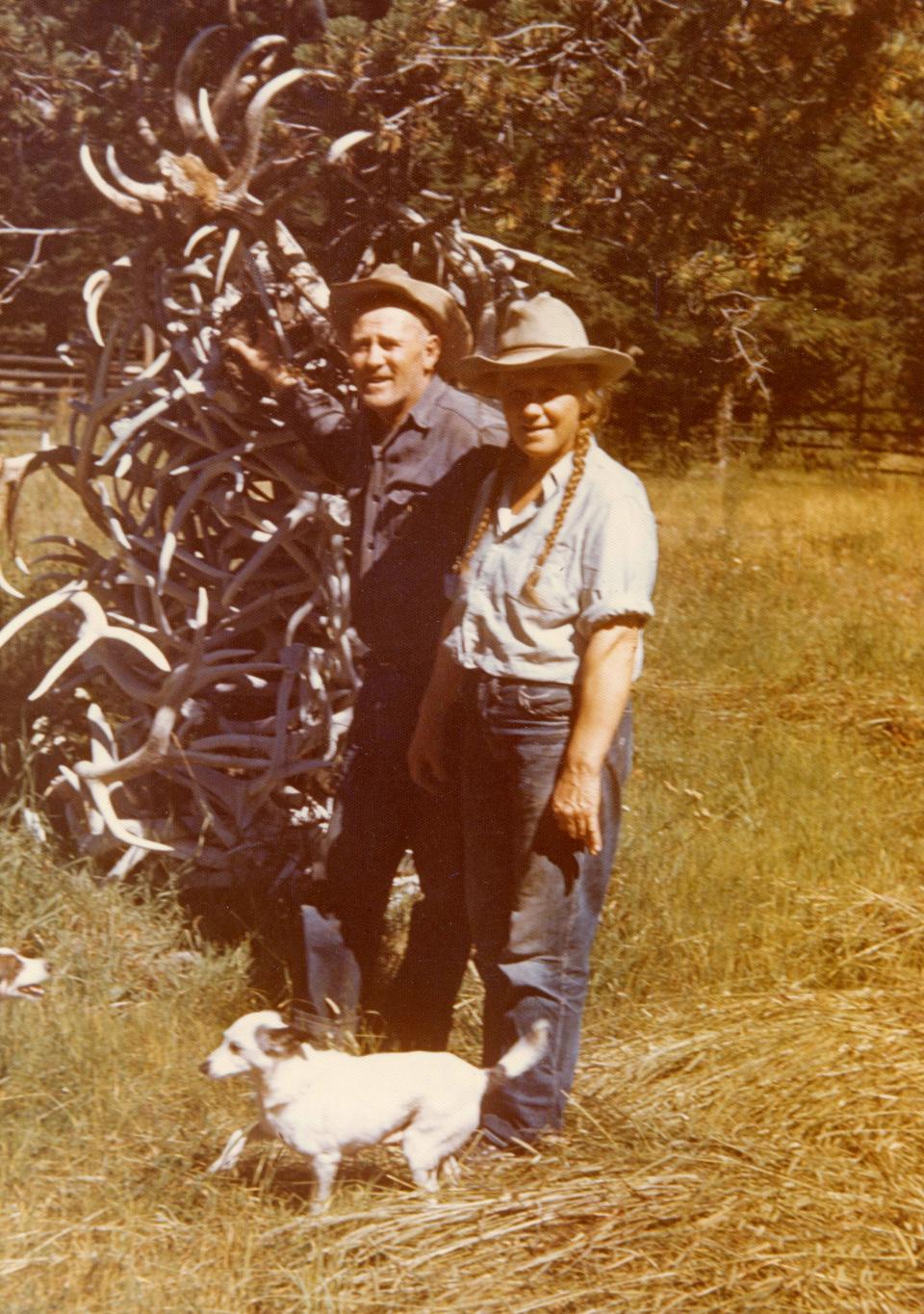 Jesse, left, and Mickey Wight, assumed the old Needle Creek claims and transformed the abandoned camp into a wilderness oasis. Shown here in 1948, they prospected and lived there from 1933 to the mid-1960s. Park County Archives. 