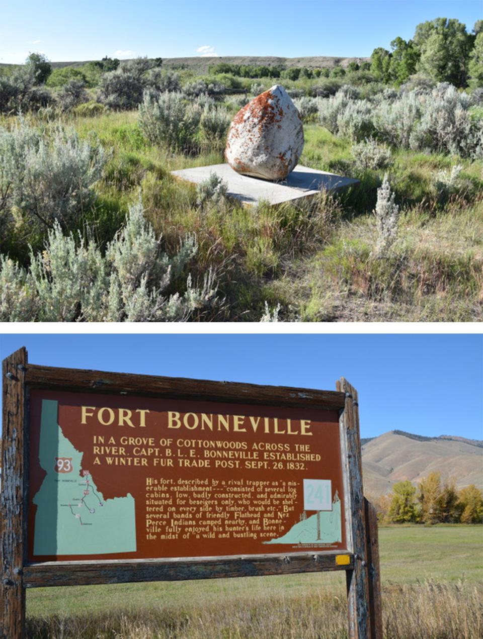 A rock, above, today marks the spot west of Daniel, Wyoming, where Bonneville located a fortified supply depot briefly in 1832. Mountain men dubbed it “Fort Nonsense,” understanding it was much too cold a place to spend a winter. Instead, Bonneville continued west and established a winter camp, below, near the Salmon River in present Idaho. Jett Conner photos. 