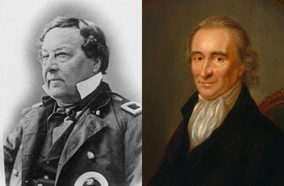 Born in revolutionary France and raised in the early United States, Benjamin Eulalie de Bonneville, right, graduated from West Point in 1815. Wikipedia  Tom Paine, left, famed revolutionary pamphleteer and author of “Common Sense,” had lived with the Bonnevilles outside Paris for several years after the French Revolution—and returned the favor by hosting them when they came to America in 1803. National Portrait Gallery. 