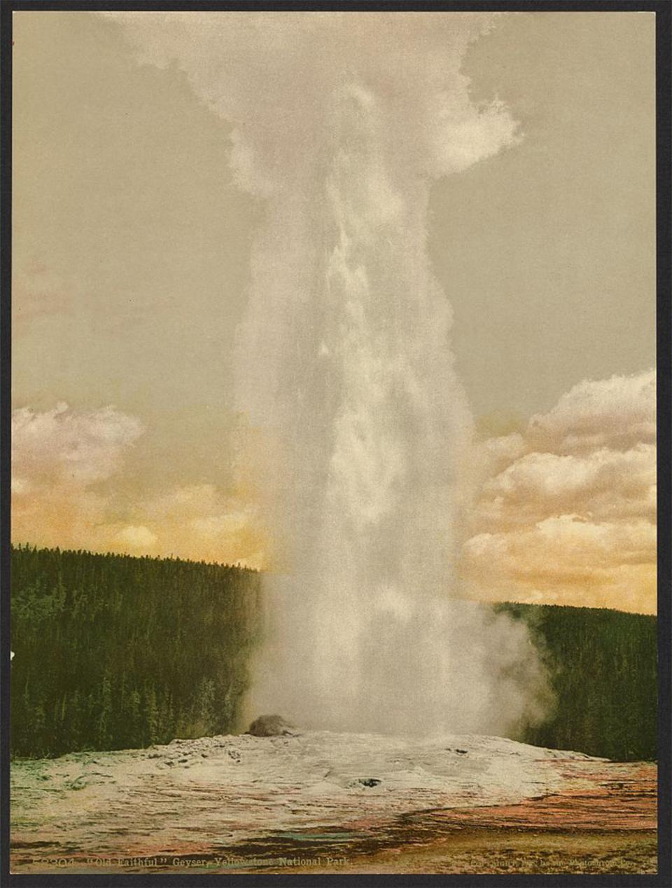 After their time at Yellowstone Lake, Hayden led a small party including Jackson and Moran over a divide to the Firehole Basin, where they saw Castle Geyser and Old Faithful. Jackson made this image much later, from a process using a hand-painted negative. William Henry Jackson, photochrom print, 1898, Library of Congress.