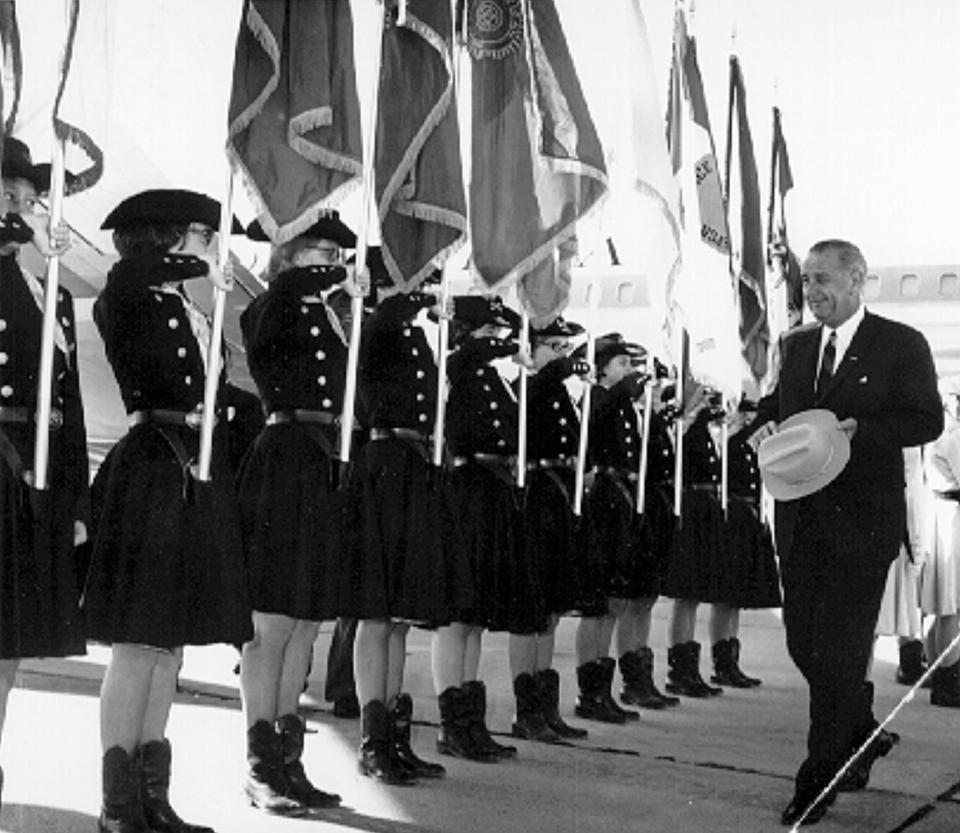 When Vice President Lyndon Johnson visited Casper in 1962, the Troopers greeted him at the Natrona County airport. Chuck Morrison photo, Casper College Western History Center.