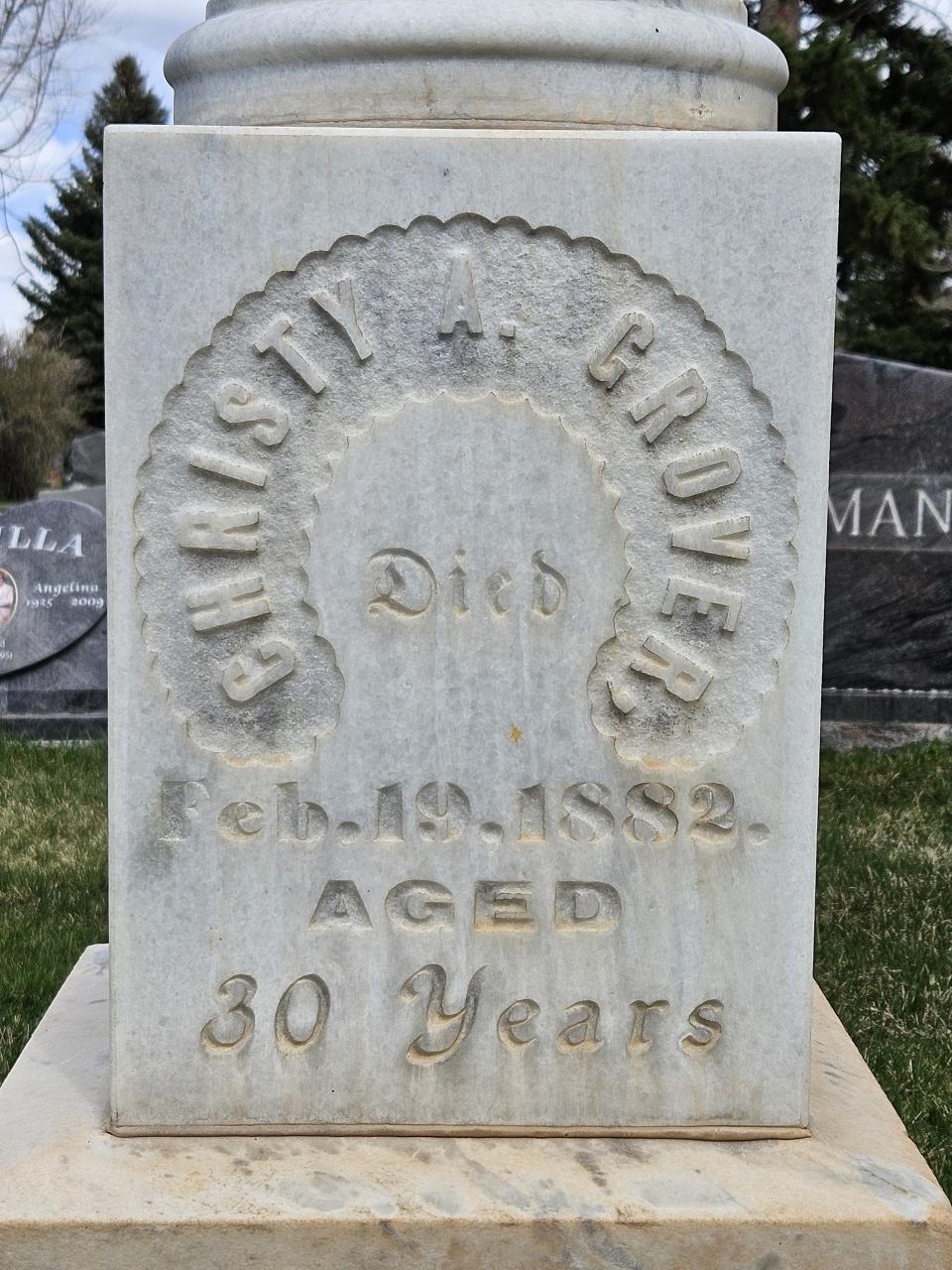 Grave marker of Christy Grover in Laramie’s Greenhill Cemetery. Photo by author. Marble grave marker engraved, "CHRISTY GROVER, Died Feb. 19, 1882. AGED 30 Years" in ornate type.