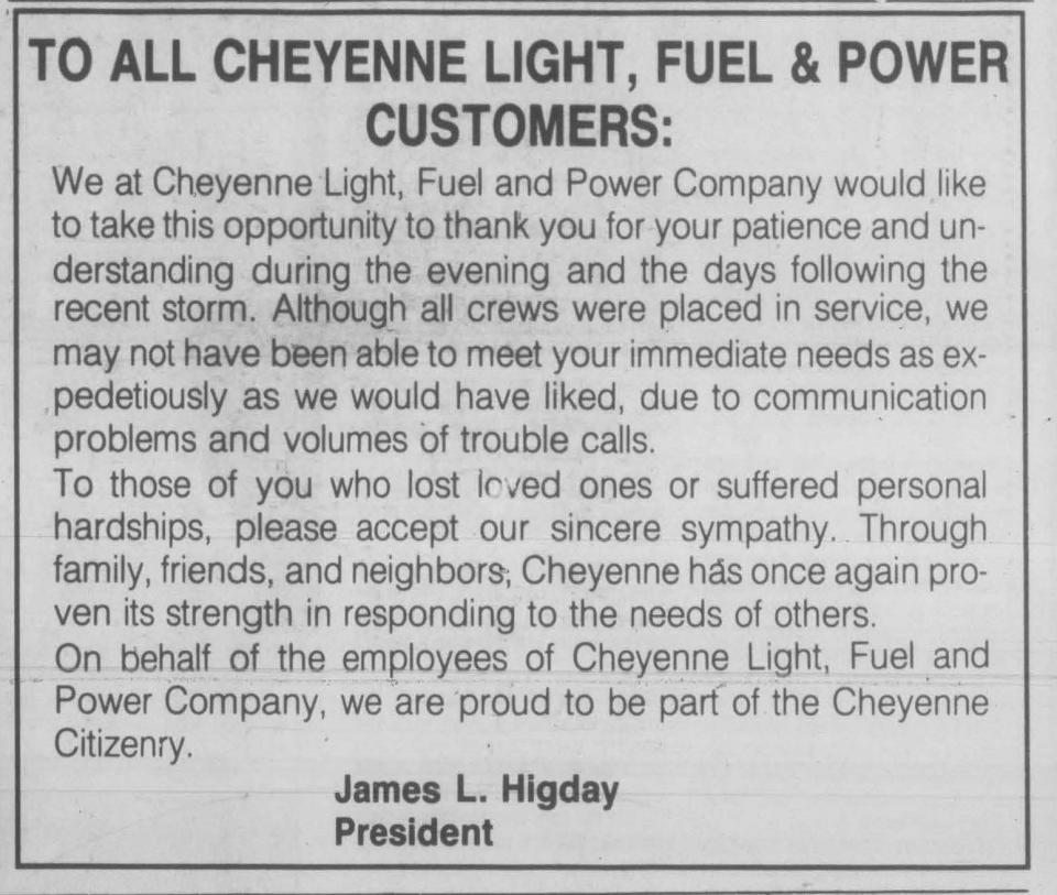Newspaper notice to "All Cheyenne Light, Fuel & Power Customers"