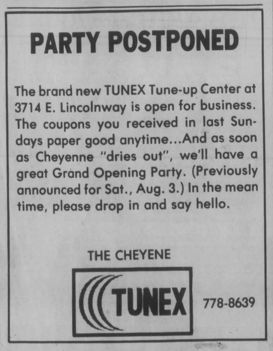 Newspaper advertisement titled "Party postponed" from The Cheyenne TuneEx