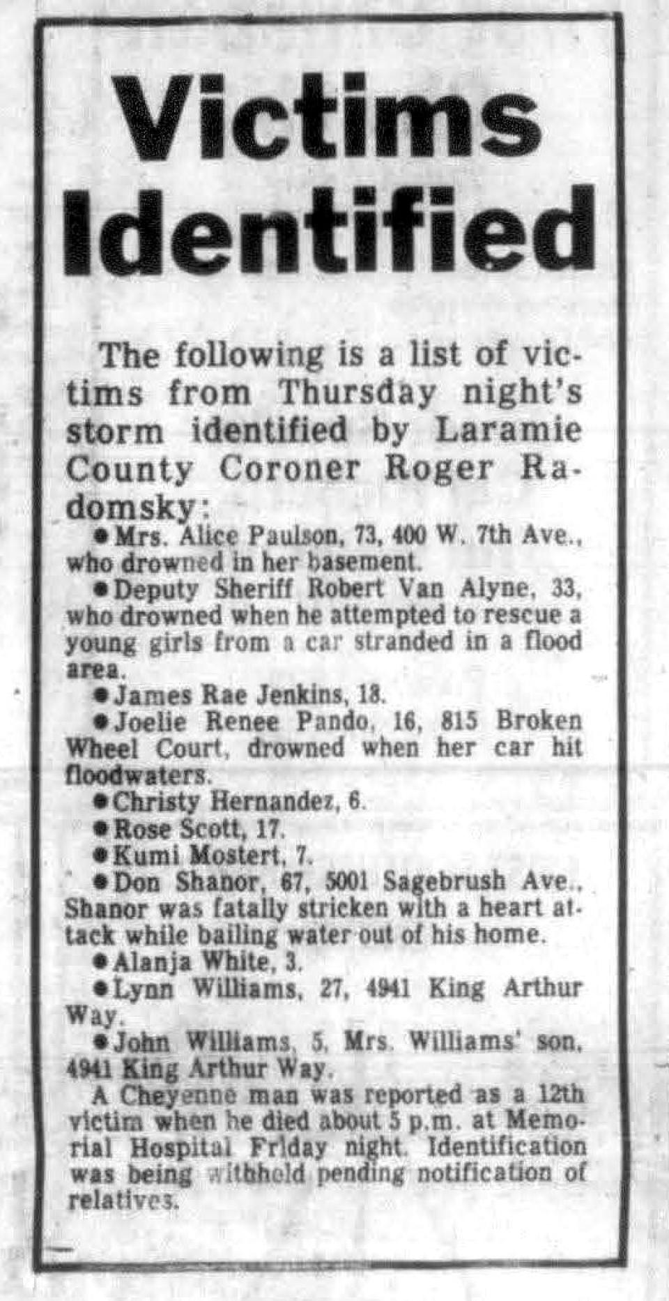List of victims who died in the flood, clipped from a newspaper