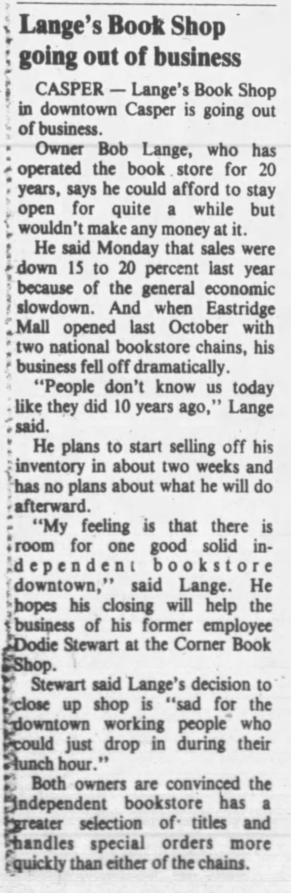 Newspaper clipping from February 1983 announcing closure of book shop