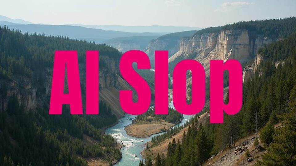 "AI Slop" wording superimposed on an image of a Western landscape with river, canyon walls and forest