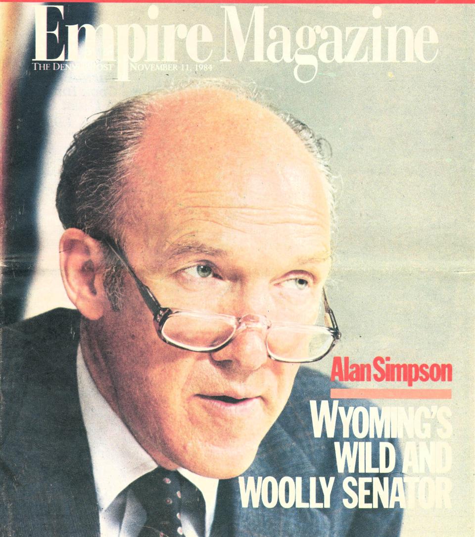 Alan Simpson portrait on cover of Denver Post's Empire Magazine, with headline "Alan Simpson: Wyoming's Wild and Woolly Senator"