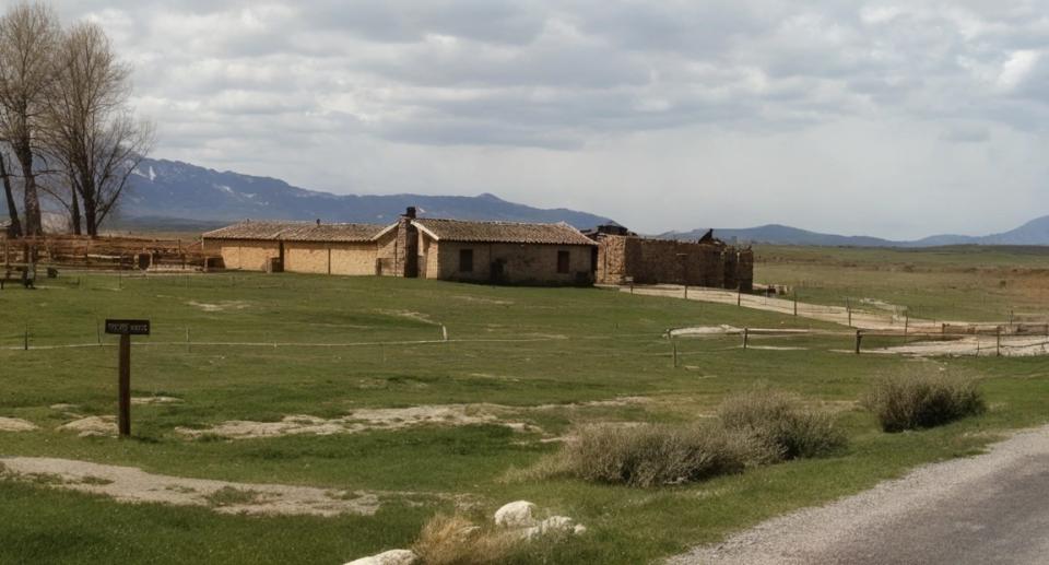 one-story stone compound with corrals in an open area; mountains in the background