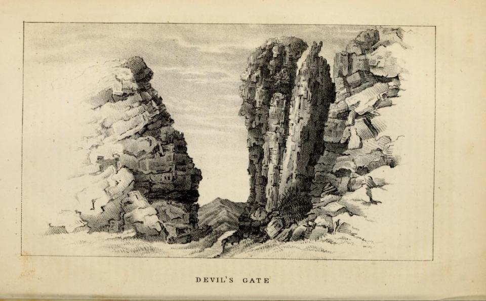 engraving of a cleft in two rocky faces, titled "Devil'd Gate" at the bottom