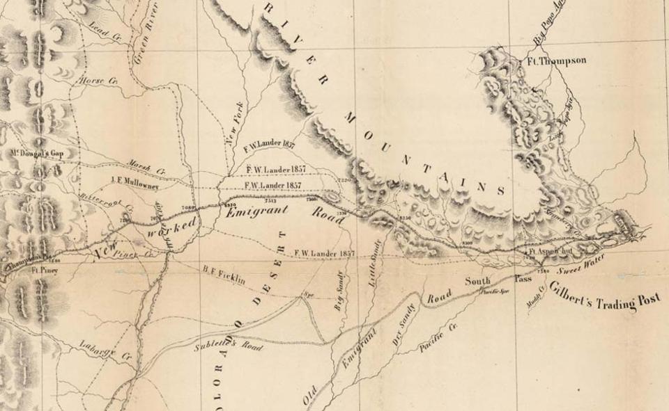 hand-drawn map showing trails from the ninth crossing of the Sweetwater to Fort Piney, with the Wind River Mountains in relief