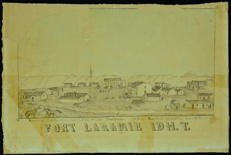 drawing of assorted one-and two-story buildings with a tall flgpole in the center and tiny figures walking about. At the bottom are the words, "FORT LARAMIE IDH. T."