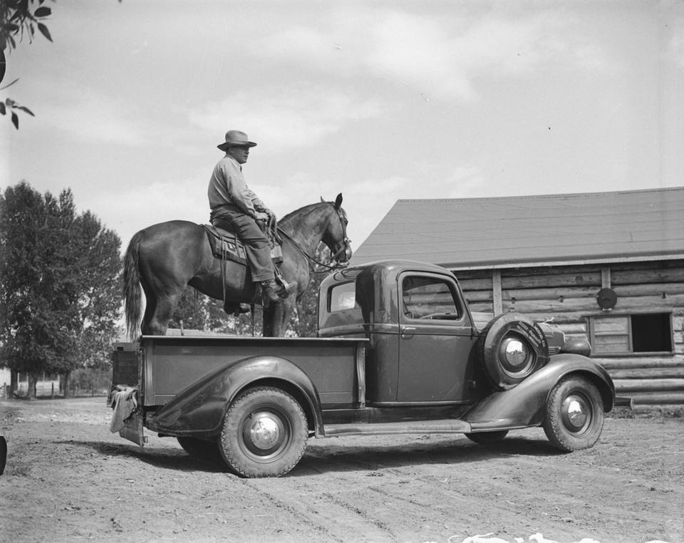 This Belden photo might have been an advertisement for the tough Plymouth trucks a person could buy at the Mulvaney Motor Company in Billings, Mont.—or just a spoof. American Heritage Center.