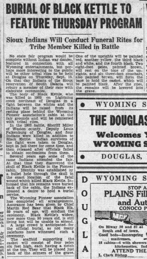 The upcoming reburial of Black Kettle, an Oglala Lakota man, was big news in the Casper Tribune-Herald Sept. 11, 1938. A similar story ran earlier in the Douglas Budget. Click to enlarge The upcoming reburial of Black Kettle, an Oglala Lakota man, was big news in the Casper Tribune-Herald Sept. 11, 1938. A similar story ran earlier in the Douglas Budget.