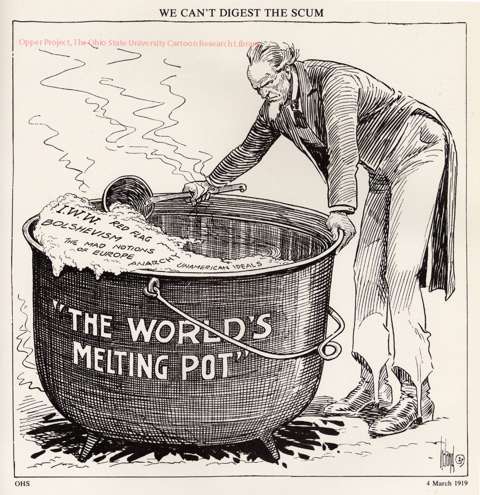 During and after World War I in Europe and the Bolshevik Revolution in Russia, anti-immigrant feeling ran high in the United States. This cartoon ran in an Ohio paper in March 1919. The Ohio State University. 