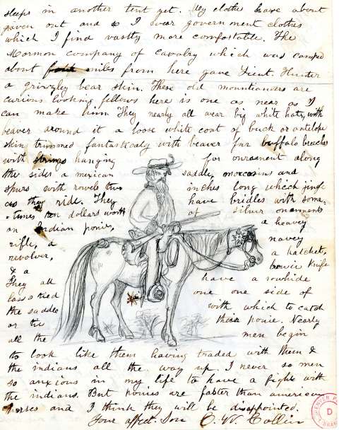 Writing home to his mother in Ohio in 1862, young Caspar W. Collins, traveling with his father, Lt. Col William O. Collins, included this sketch, noting, "the mountaineers are curious looking fellows here is one as near as I can make him.” Men who looked like this would have been well known around Fort Laramie in 1860. Denver Public Library. Click to enlarge