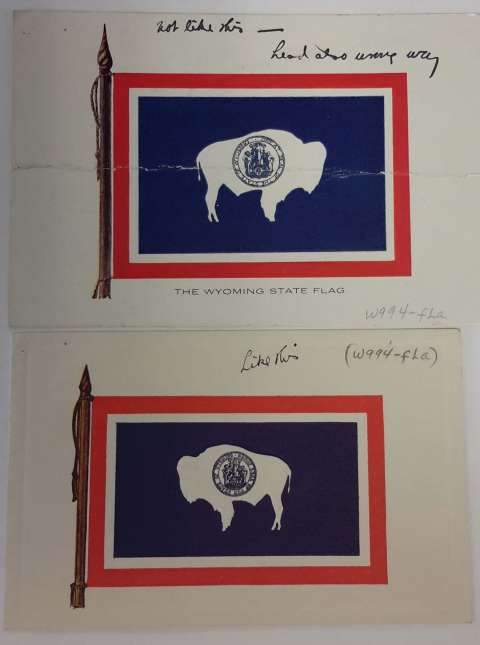 The two postcards Grace Raymond Hebard used to show Verna Keyes the direction Hebard wanted the bison to face, ca. 1917. American Heritage Center archives; photo by author. The two postcards Grace Raymond Hebard used to show Verna Keyes the direction Hebard wanted the bison to face, ca. 1917. American Heritage Center archives; photo by author.