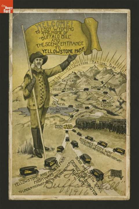 This 1916 postcard presents Cody, Wyo., as the center of the world, with Salt Lake and Seattle just over the hills. In the foreground, six named highways funnel cars (with pennants from New York, Massachusetts, Maine, Minnesota, Iowa, Georgia and California) into Cody. The Henry Ford museum. This 1916 postcard presents Cody, Wyo., as the center of the world, with Salt Lake and Seattle just over the hills. In the foreground, six named highways funnel cars (with pennants from New York, Massachusetts, Maine, Minnesota, Iowa, Georgia and California) into Cody. The Henry Ford museum.