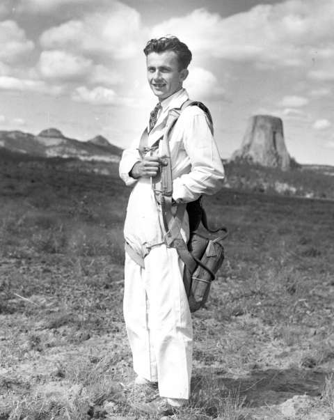 George Hopkins wanted to show the world what could be done with a parachute. But most people just focused on the fact that he couldn't get down from Devils Tower once he’d landed on top. National Park Service photo.