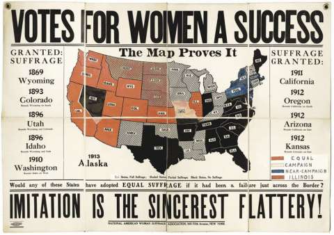 By 1914, a large number of states—shown here in red—had joined Wyoming in granting women full voting rights. Library of Congress.