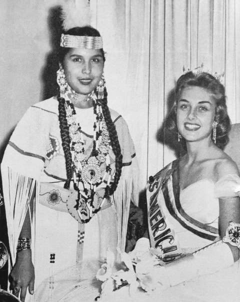 Miss Indian America 1956, Sandra May Gover, and Miss America 1957, Marian Ann McKnight, at an appearance in Atlantic City, New Jersey. The widely popular Miss America Pageant served as a model for the Miss Indian America competition. As a guest of honor in Atlantic City, Gover was expected to appear before the press and on television, attend social functions, and address the convention attendees. MIA booklet collection, THE Wyoming Room, SCFPL.