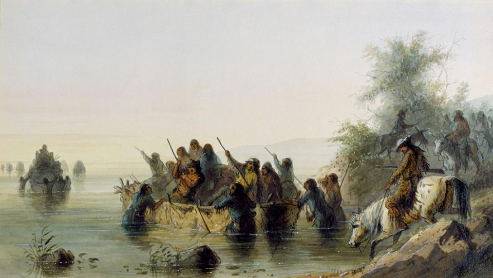 'Bull boating,' by Alfred Jacob Miller. Trappers and travelers used bullboats, made of buffalo hide stretched over a willow frame, for river crossings and other short voyages. William Drummond Stewart rides the white horse, at right. Walters Art Museum. 