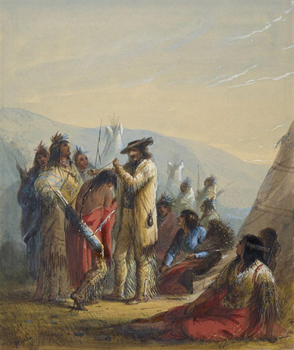 'Presents to Indians,' by Alfred Jacob Miller. William Drummond Stewart is holding the necklace. Walters Art Miuseum. 