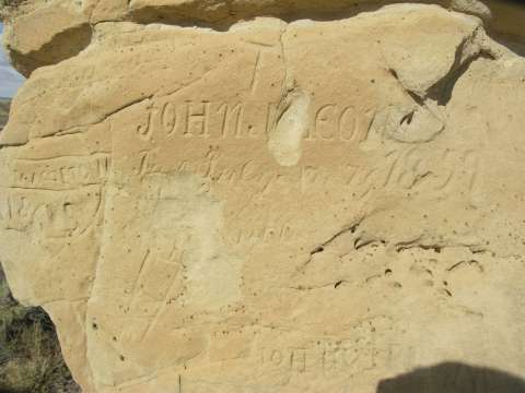 An 1859 inscription near the Sulphur Springs stage station shows early use of the Overland Trail as an emigrant road. Author photo. Click to enlarge