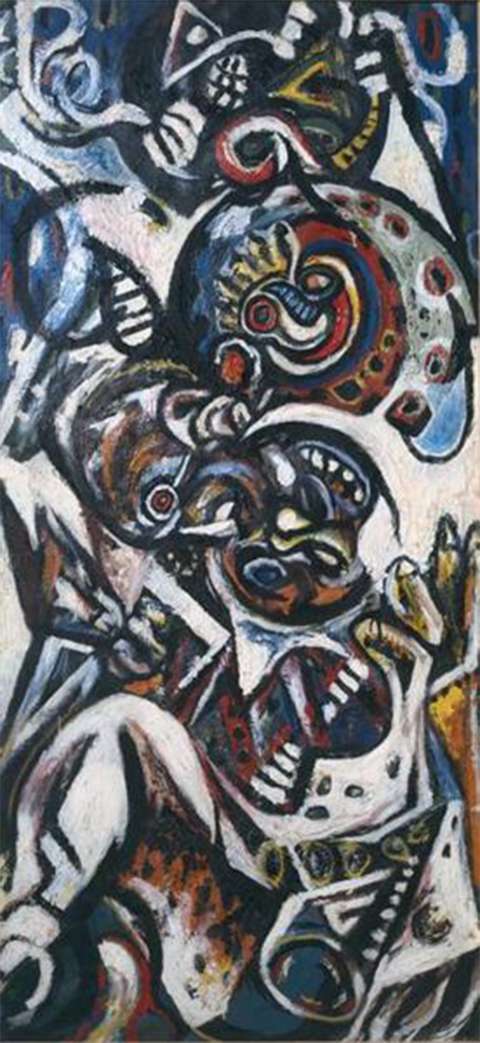 In Birth, ca. 1940, Pollock applied Picasso’s style of flattened forms and thick outlines to depictions of an Inuit mask. Tate Museum, via WikiArt.