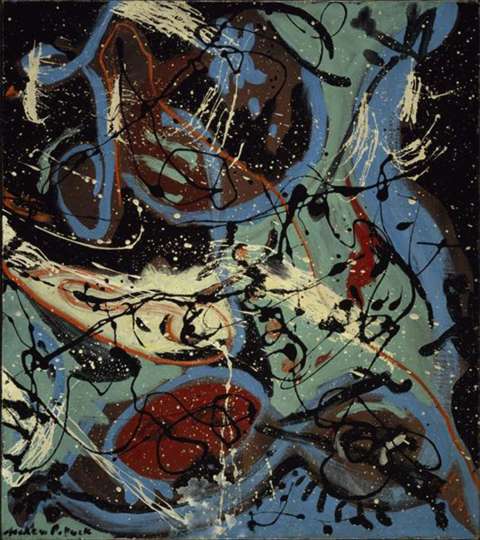 Composition with Pouring II, 1943, was Pollock’s first experiment with drips and swirls. WikiArt.