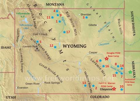 Two base camps for POWs and seventeen smaller agricultural and timber branch camps were located in Wyoming during World War II. Agricultural camps operated at Basin (1), Deaver (4), Lovell (9), Powell (11), Clearmont (3), Worland (17), Riverton (12), Wheatland (16), Lingle (8), Torrington (14), Veteran (15), Huntley (7) and Pine Bluffs (10). Timber camps were at Dubois (5), Esterbrook (6), Ryan Park (13) and Centennial (2). Large base camps, as marked, were at Douglas, Fort Warren and Scottsbluff, Neb. Map by author. Click to enlarge Two base camps for POWs and seventeen smaller agricultural and timber branch camps were located in Wyoming during World War II. Agricultural camps operated at Basin (1), Deaver (4), Lovell (9), Powell (11), Clearmont (3), Worland (17), Riverton (12), Wheatland (16), Lingle (8), Torrington (14), Veteran (15), Huntley (7) and Pine Bluffs (10). Timber camps were at Dubois (5), Esterbrook (6), Ryan Park (13) and Centennial (2). Large base camps, as marked, were at Douglas, Fort Warren and Scottsbluff, Neb. Map by author.