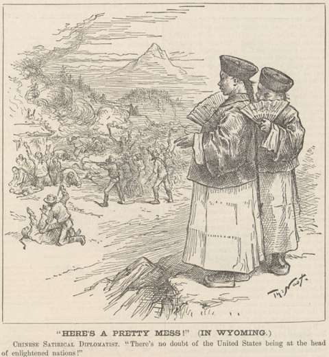 Thomas Nast's cartoon from 1885. As armed whites slaughter Chinese in the background A 'Satirical Chinese Diplomatist' says, 'There’s no doubt of the United States being at the head of enlightened nations!' Online Archive of California.