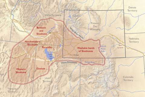 Shoshone territories, as described in treaties signed by the different Shoshone bands in 1863. By this time white travelers had already been crisscrossing Shoshone country for two decades on the emigrant trails. Wyoming did not yet exist; its borders here are shown for reference only. Wyoming Geographic Information Science Center. Click to enlarge