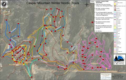 The Nordic trails on Casper Mountain, maintained by Natrona County’s Road, Bridges and Parks Department, include 26 miles of ski trails and a world-class biathlon course. Natrona County image.