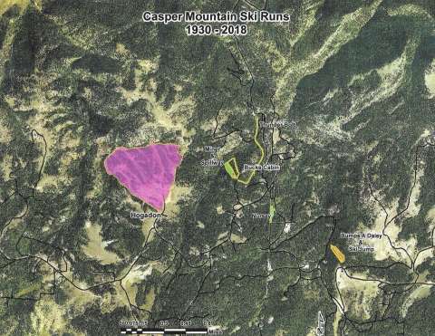Casper Mountain’s historic and current ski runs in a Google image from 2018. Map by Sam Weaver. Click to enlarge