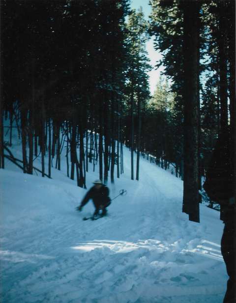 A racer on the zigzagging Spillway trail, early 1950s. Courtesy of Weaver-Hunt collection. A racer on the zigzagging Spillway trail, early 1950s. Courtesy of Weaver-Hunt collection.