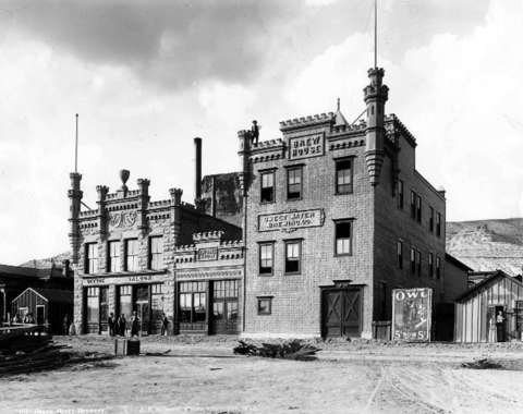 The Green River brewery, shown here in 1901, was built by Louise Graf's great-unclie, Karl Spinner. The castle-towered building on the left still stands. J.E. Stimson photo, Wyoming State Archives.