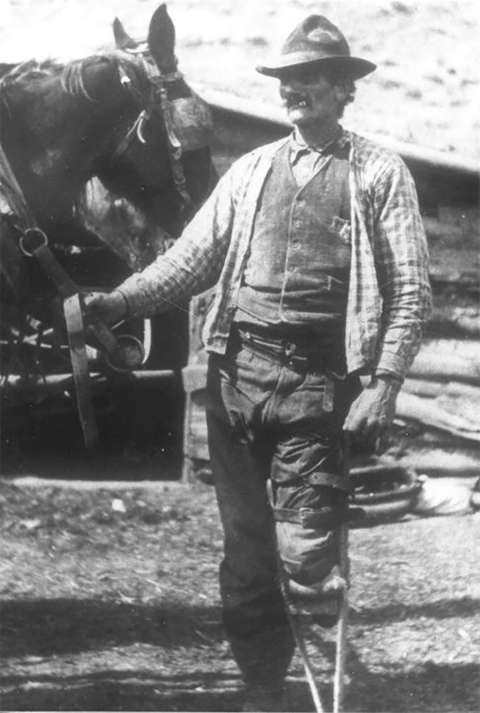 Stage driver Al ‘Peggy’ Dougherty—so called for his peg leg—lost one foot and part of another to freezing on the road over South Pass in the blizzard of January 1883. He developed a reputation as a brawler, and continued to drive stages on the Rawlins-Lander route until 1906. ‘Ye gods, how he could swear!’ Ethel Waxham Love remembered. Fremont County Pioneer Museum. Stage driver Al ‘Peggy’ Dougherty—so called for his peg leg—lost one foot and part of another to freezing on the road over South Pass in the blizzard of January 1883. He developed a reputation as a brawler, and continued to drive stages on the Rawlins-Lander route until 1906. ‘Ye gods, how he could swear!’ Ethel Waxham Love remembered. Fremont County Pioneer Museum.