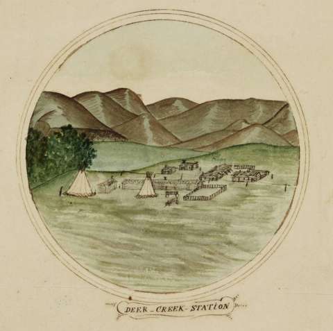 Deer Creek Station, watercolor by Caspar W. Collins, about 1862. The compound housed a telegraph station and Joseph Bissonette’s trading post. Thomas Twiss was a real presence at this location, which became an important military station between 1862 and 1865. It was burned to the ground in August 1866. Denver Public Library Special Collections, number C63-8d ART. Deer Creek Station, watercolor by Caspar W. Collins, about 1862. The compound housed a telegraph station and Joseph Bissonette’s trading post. Thomas Twiss was a real presence at this location, which became an important military station between 1862 and 1865. It was burned to the ground in August 1866. Denver Public Library Special Collections, number C63-8d ART.