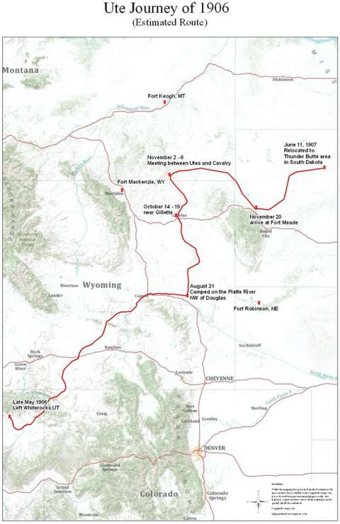 Estimated route of the Utes, 1906. Campbell County Rockpile Museum.