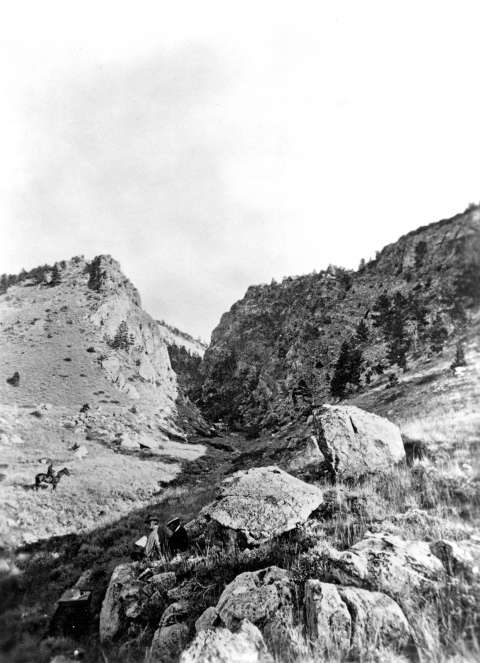 Looking east up Jackson Canyon from the west end of Casper Mountain. Much of this rocky land of scrub and widely-spaced pines burned during the dry summer of 2006. William Henry Jackson photo, 1870, USGS photo library. Looking east up Jackson Canyon from the west end of Casper Mountain. Much of this rocky land of scrub and widely-spaced pines burned during the dry summer of 2006. William Henry Jackson photo, 1870, USGS photo library.