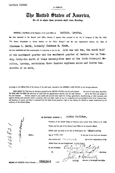 Florence Blake had married Archibald Smith of Gillette by 1927 when she'd proved up on her claim and won the patent to the land. GLO records, U.S. Bureau of Land Management. 