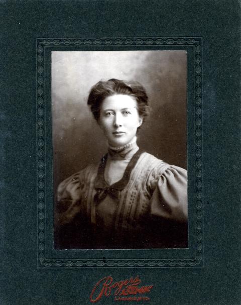 Vie met Missourian Alvin LaRoy Garber at a birthday party in 1901, when she was 17, and finally married him in 1910-- after she’d earned bachelor’s and master’s degrees and a first class teaching certificate from the University of Wyoming. This is a wedding photo. She and Roy eventually had three boys. Garber family photo.