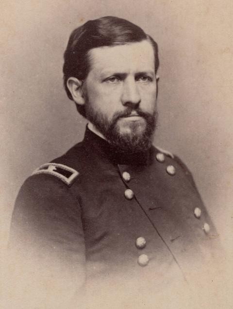The 11th Kansas Regiment was first led and partially recruited by Col. Thomas Ewing, Jr., a judge for the Kansas State Supreme Court and a former Free-State abolitionist. Rob and Lesa Reves collection. Portrait of Thomas Ewing in military uniform