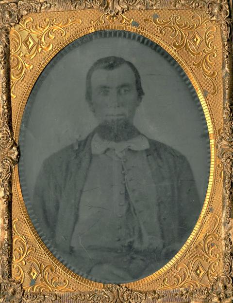 Pvt. William Bonwell was killed June 3, 1865, near Platte Bridge Station in one of several skirmishes leading up to the battles or Red Buttes and Platte Bridge Station in late July. Fort Caspar collection. portrait of Bonwell in a gilt frame